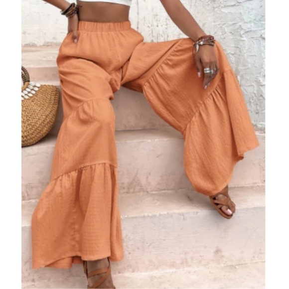 New Creamy Rust Lightweight Comfort Cotton Wide Leg Bell Bottom Pants - Picture 3 of 4